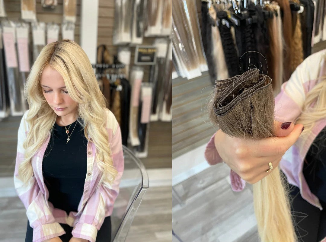 Woman with blonde hair extensions holding hand tied wefts.