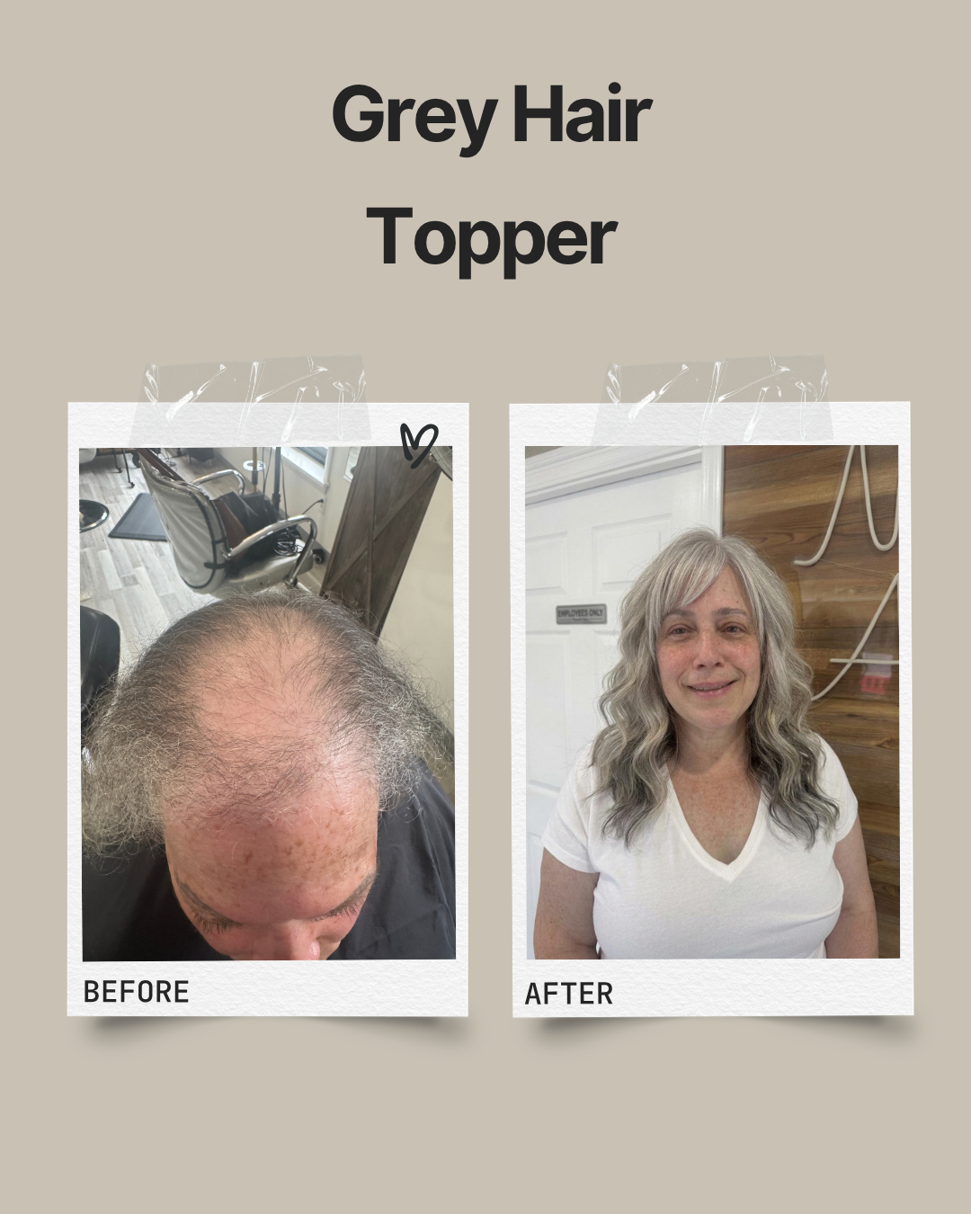 Gray human hair topper customized to blend with natural gray hair and crown thinning.