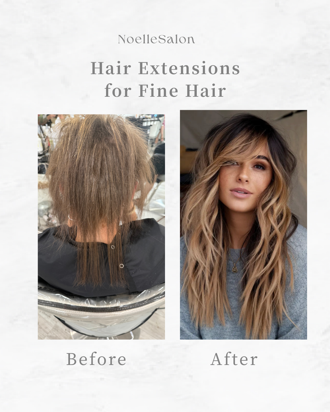 Hair extensions for fine and thinning hair Boston before and after transformation showing increased fullness and length