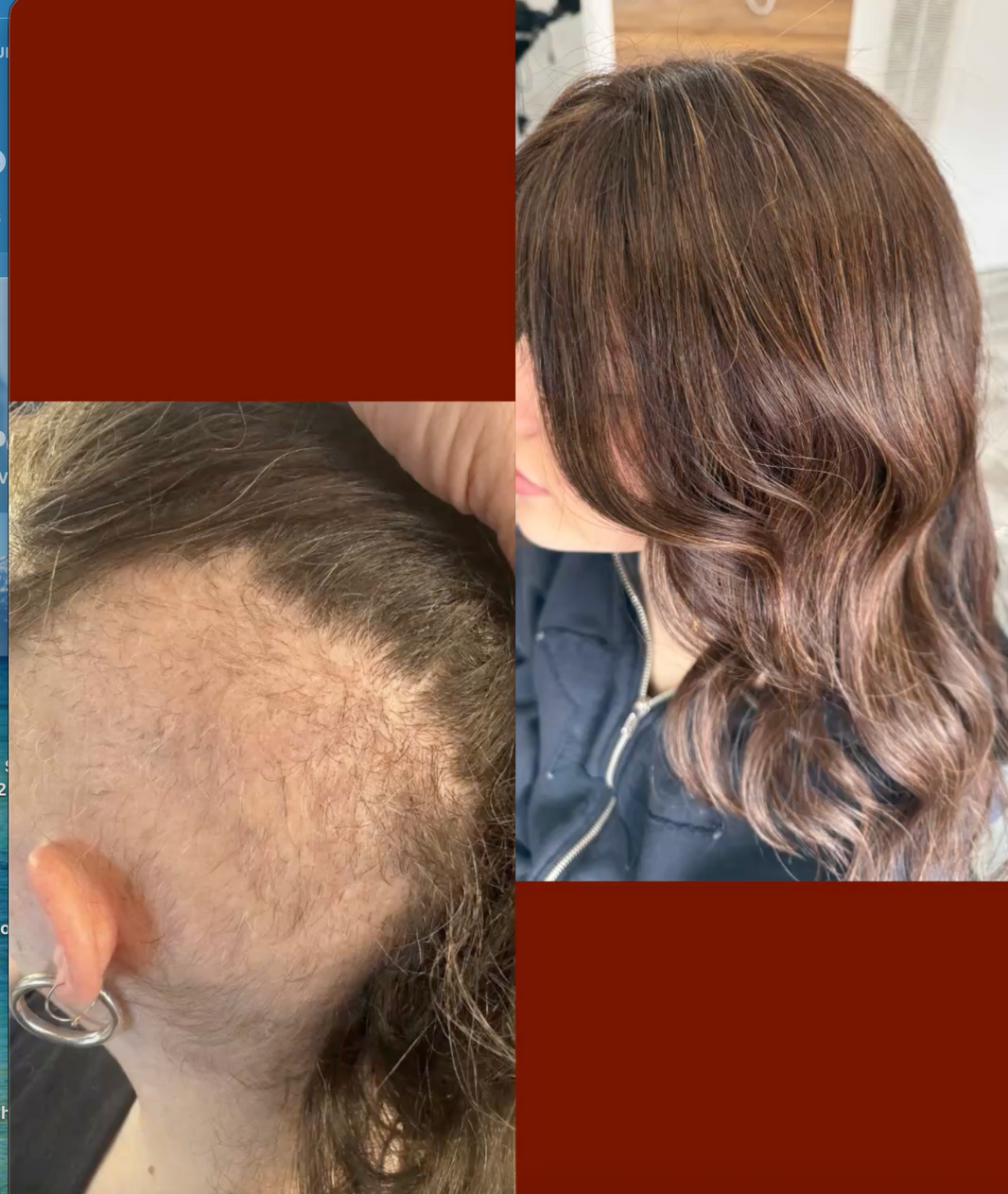 Client trying a customized hair topper designed for female pattern hair loss and thinning hair.