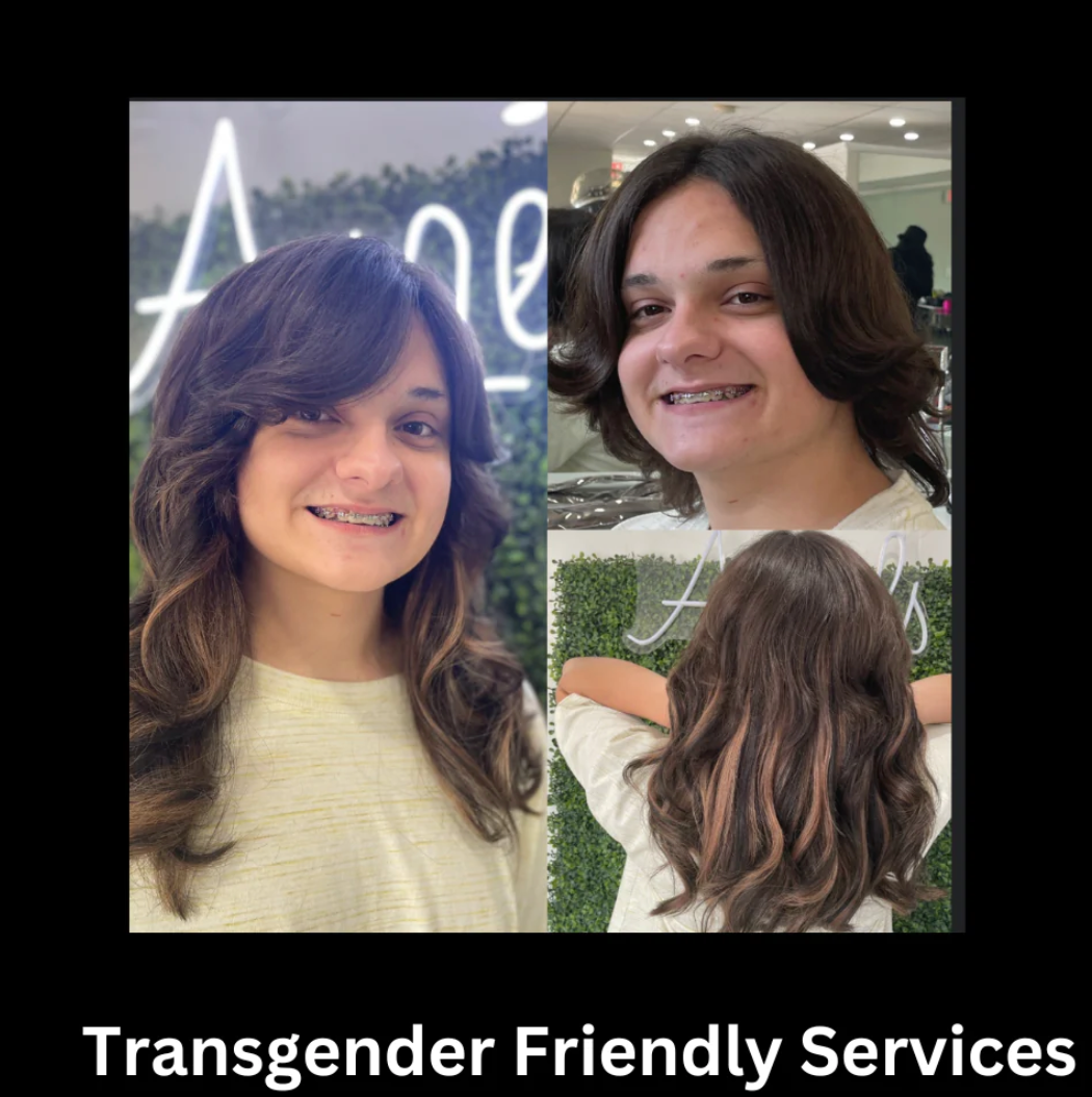 a before and after of a trans woman with hair extensions