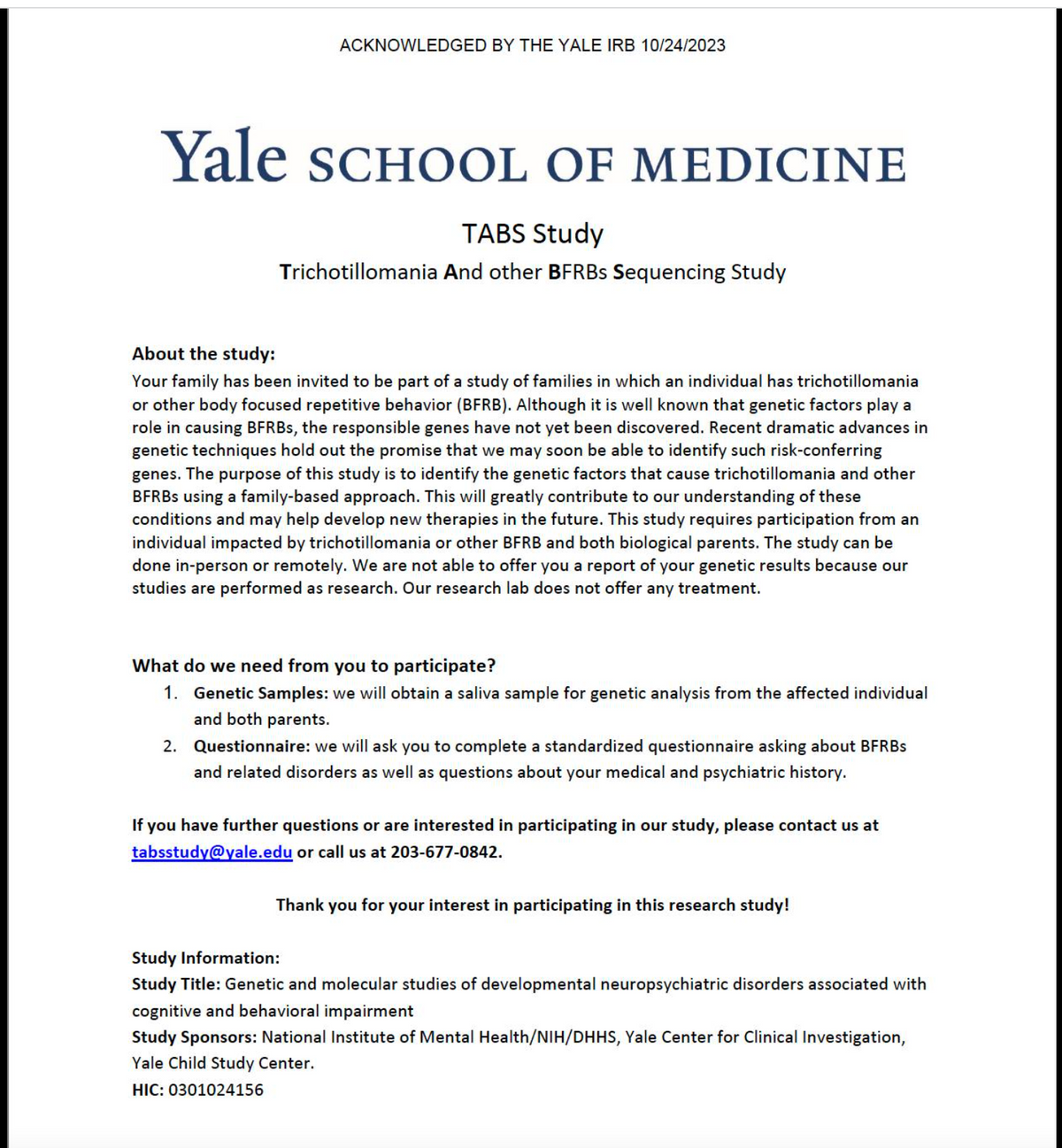 Yale University Trichotillomania Research