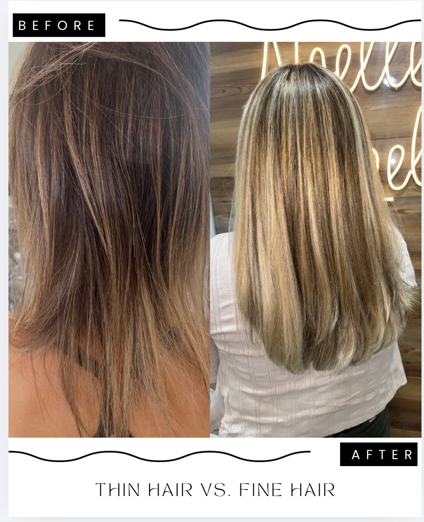 Fine hair compared to thick hair showing differences in density, strand structure, and vulnerability to breakage