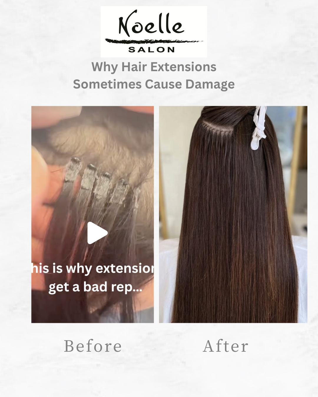 Hair extension correction Boston showing damaged extension work transformed into healthy, seamless, natural-looking hair extensions.