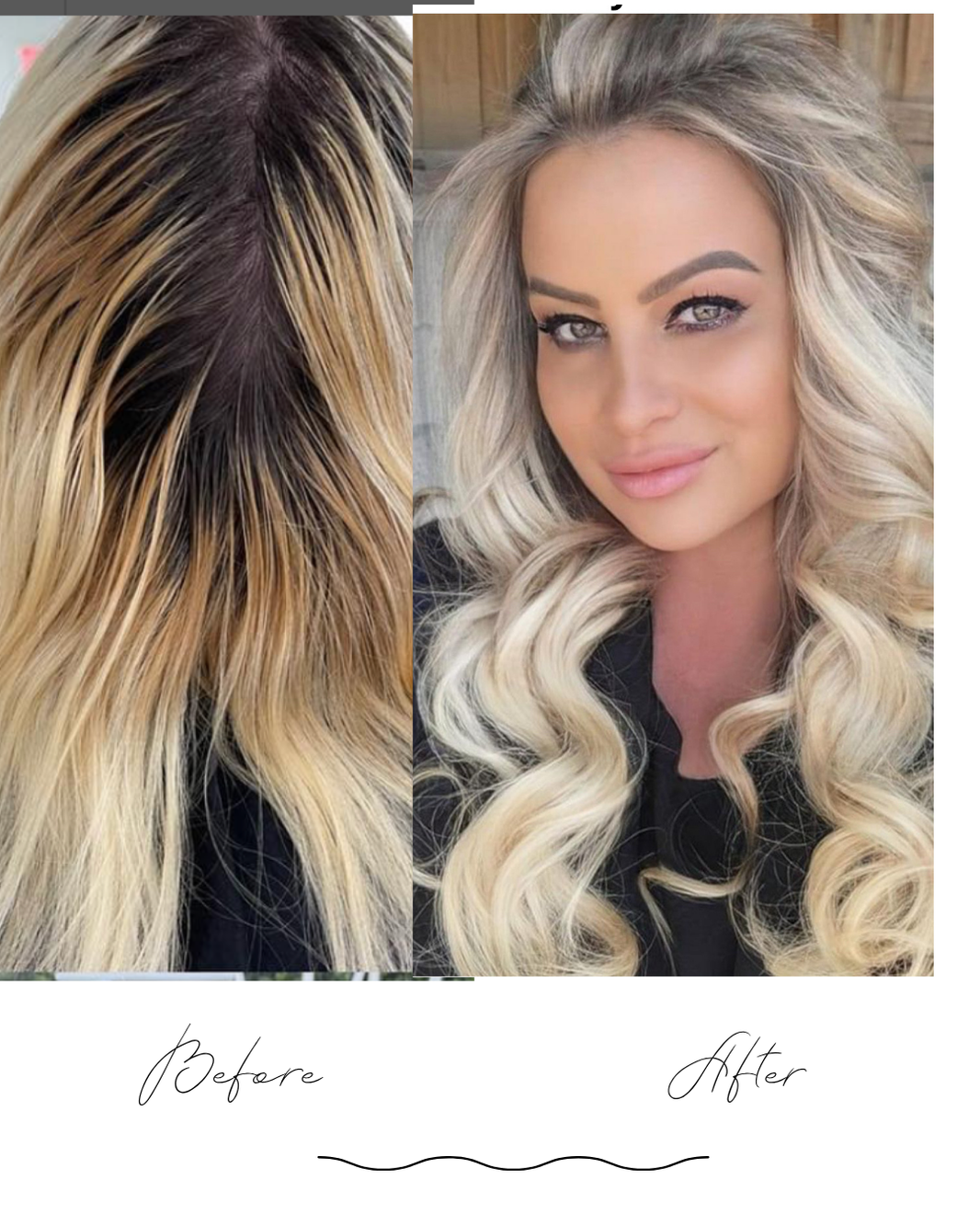 Color correction from dark regrowth to a soft, blended blonde at Noelle Salon