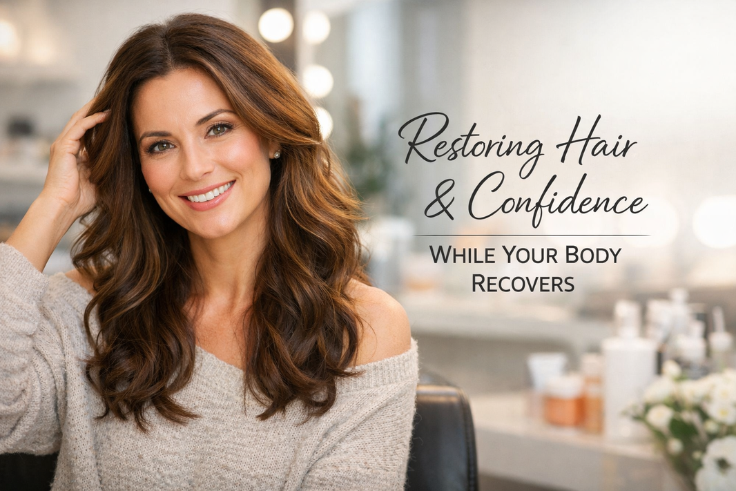 Woman with healthy, full hair in a salon setting representing hair restoration and confidence.