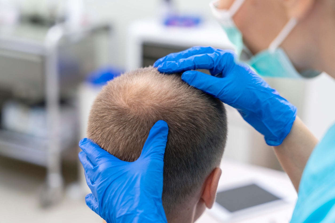 Hair loss specialist examining scalp thinning at the crown during an alopecia consultation in a clinical setting.