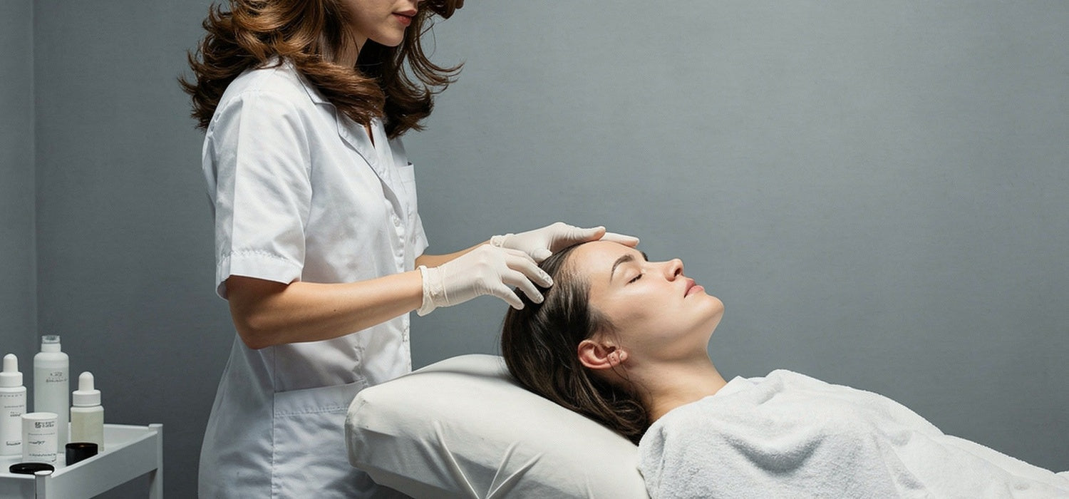 A calm, modern wellness scene showing a woman receiving a holistic hair loss treatment in a spa-like setting.