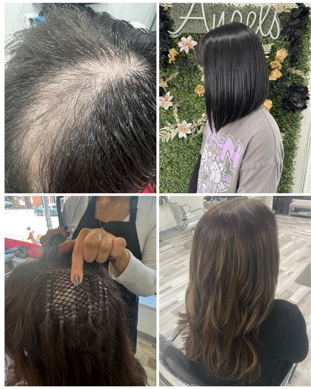 Before and after mesh integration transformation restoring fullness for crown thinning at Noelle Salon in Boston