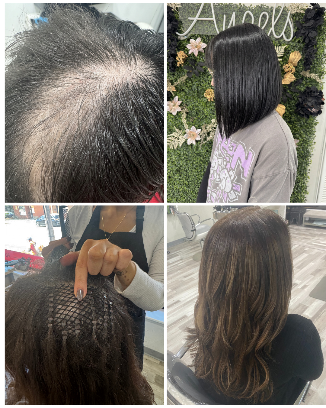 Before and after mesh integration transformation restoring fullness for crown thinning at Noelle Salon in Boston