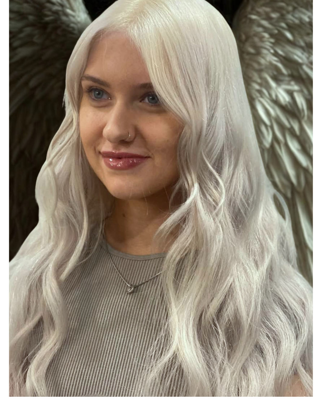 Platinum blonde K-tip hair extensions result at Noelle Salon