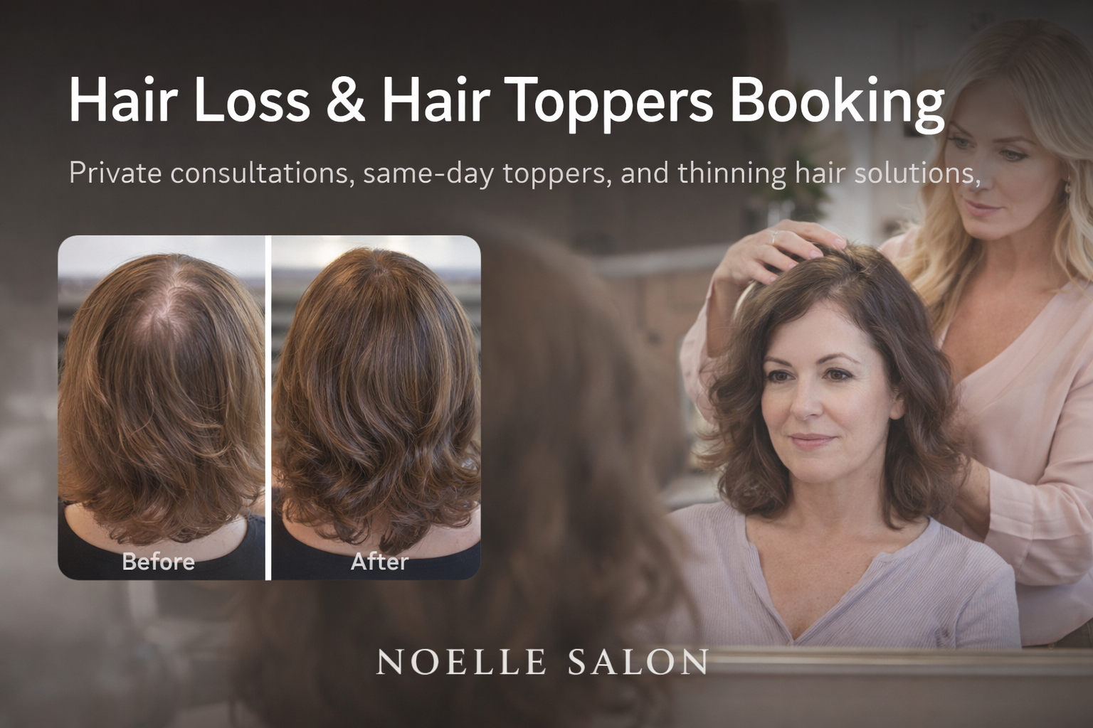 Hair loss and hair topper booking at Noelle Salon near Boston, featuring private consultations and same-day topper services.