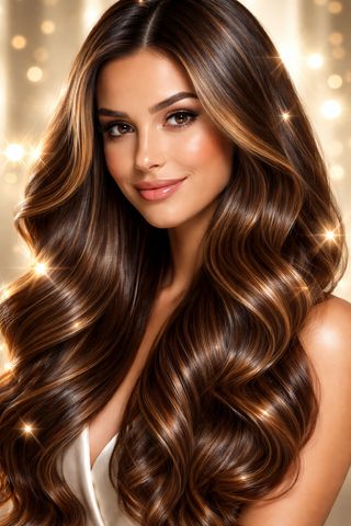 Woman with long, wavy brown hair against a warm, glowing background