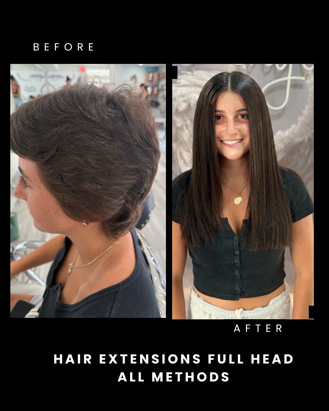 Short hair women wearing a full set of hair extensions
