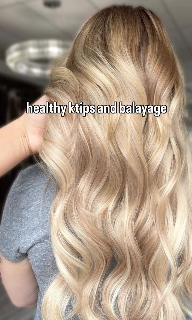 Blonde hair with wavy texture and balayage, labeled 'healthy ktips and balayage'.