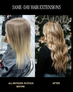 Same-day hair extensions before and after, all methods in stock, Noelle Salon