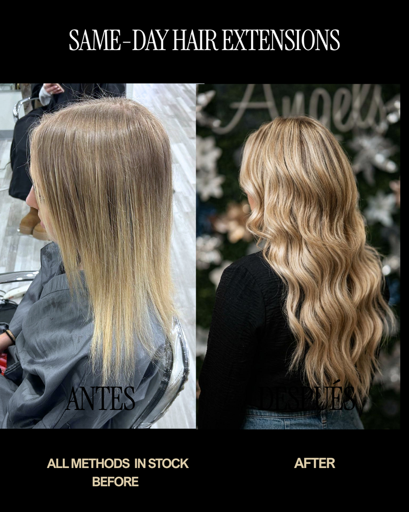 Same-day hair extensions before and after, all methods in stock, Noelle Salon