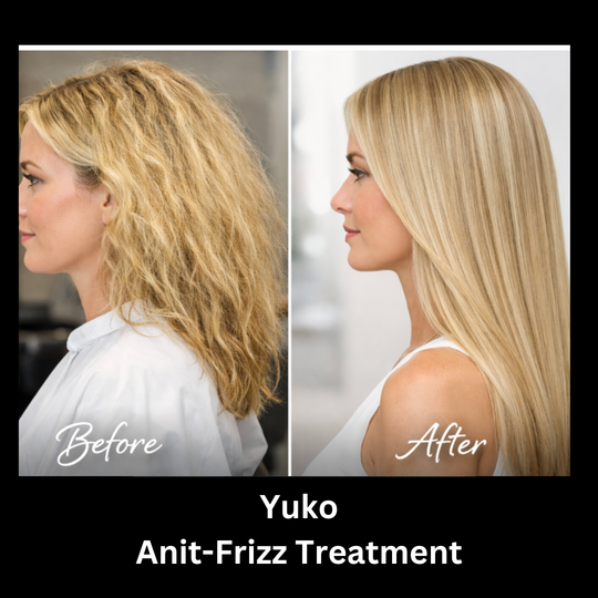 a before and after photo of a woman with blonde frizzy hair and smooth healthy blonde hair with Yuko Anti Frizz Treatment