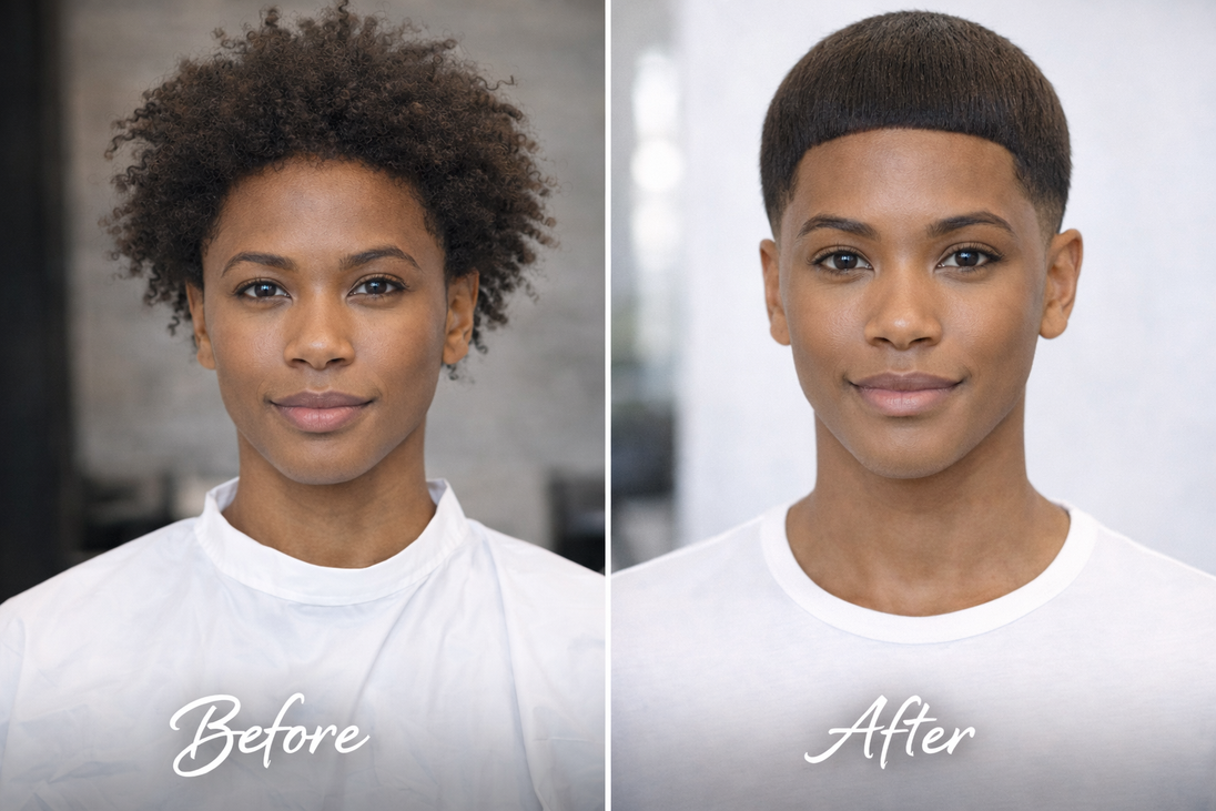 a before and after of a man with kinky hair after straight